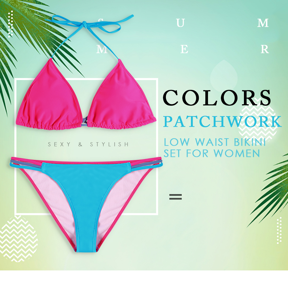Colors Patchwork Drawstring Spaghetti Straps Low Waist Bikini Set for Women