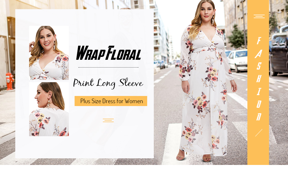 Wrap Floral Print Long Sleeve Plus Size Dress