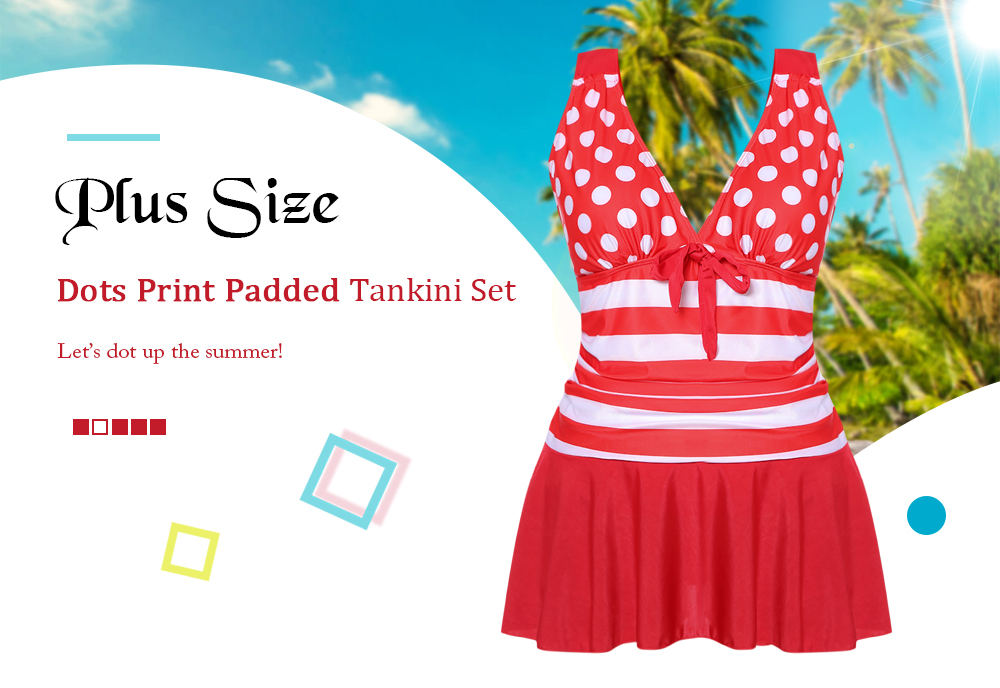 Plus Size Dots Print Padded Tankini Set Stripy Women Swimsuit