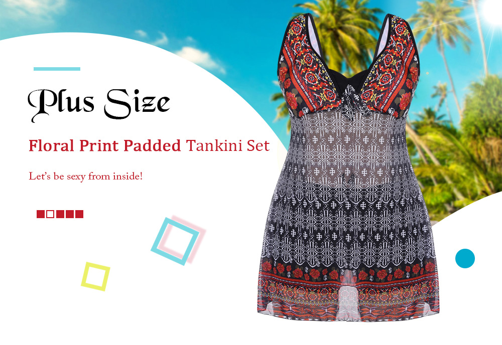 Plus Size Floral Print Padded Tankini Set Women Swimsuit