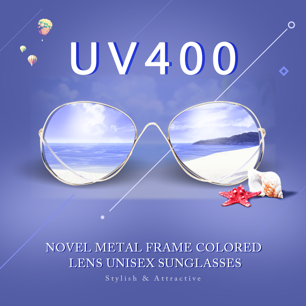 UV400 Novel Metal Frame Oversize Colored Lens Sunglasses for Women Men