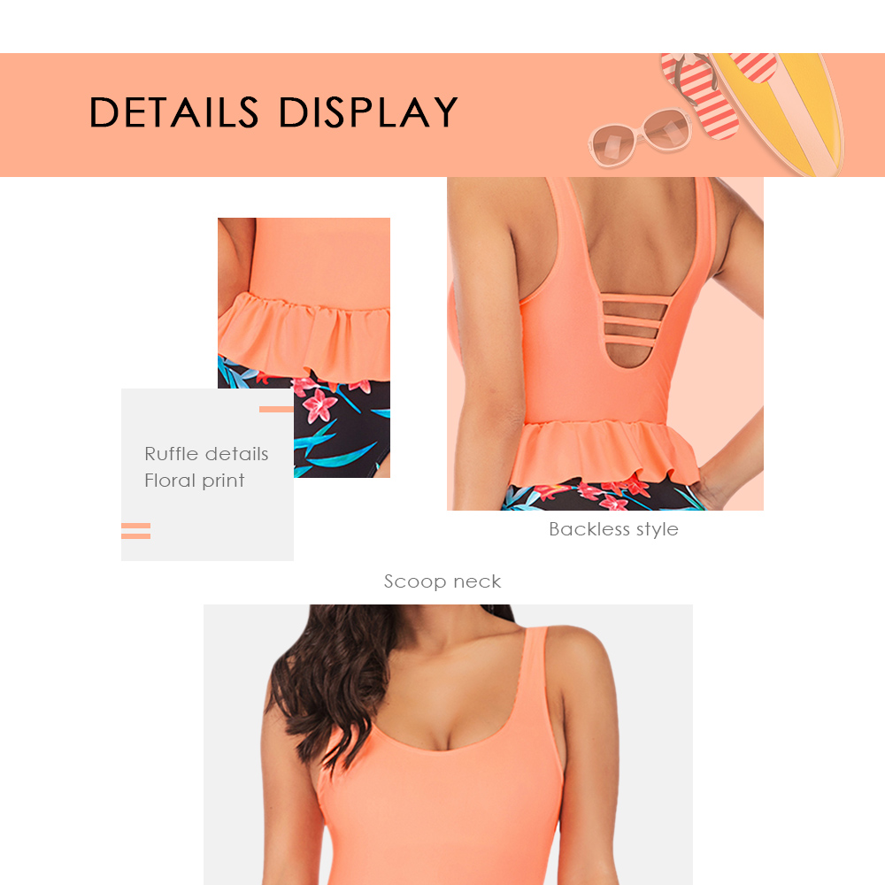 Scoop Neck Backless Padded Spliced Ruffle Floral Print Women Swimsuit