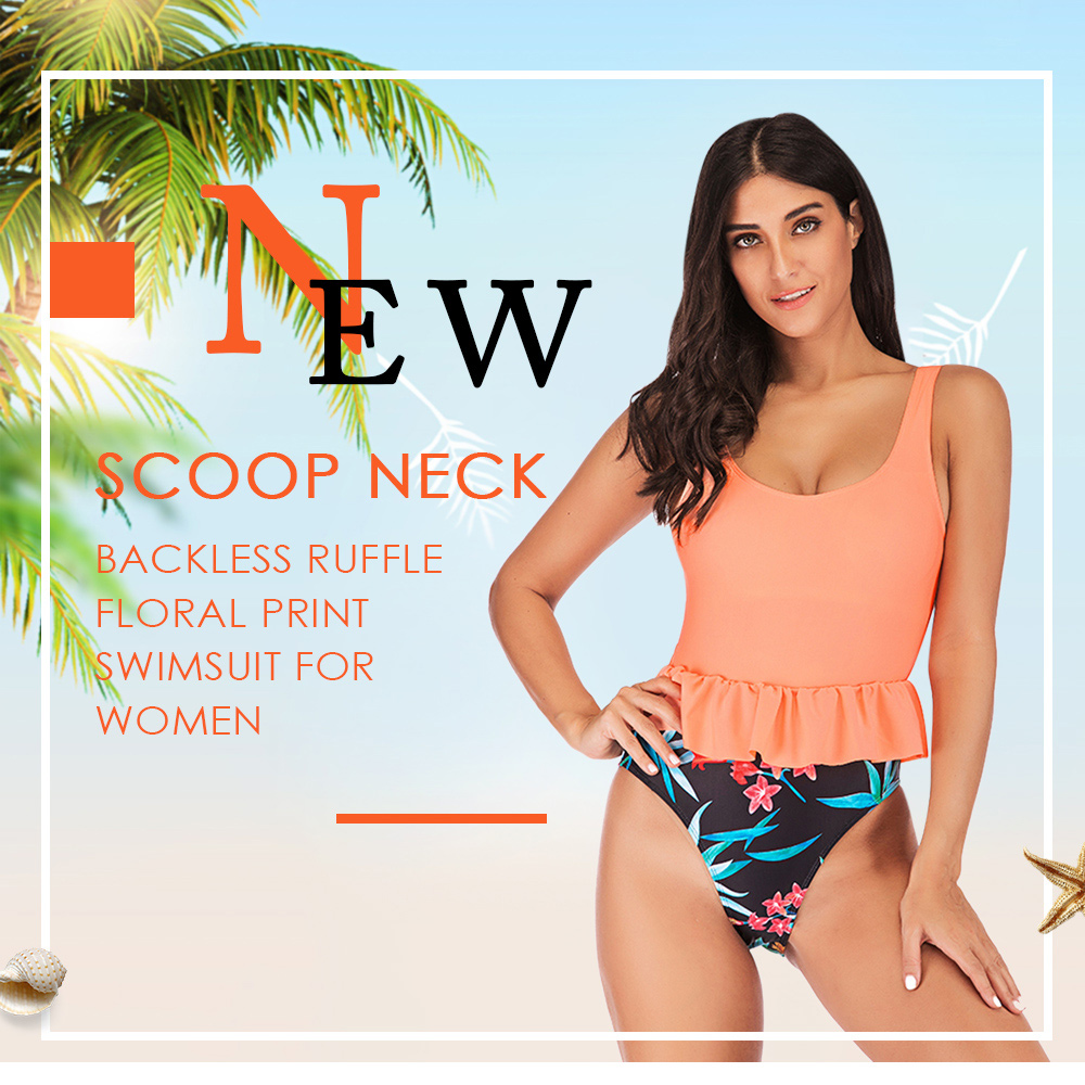 Scoop Neck Backless Padded Spliced Ruffle Floral Print Women Swimsuit