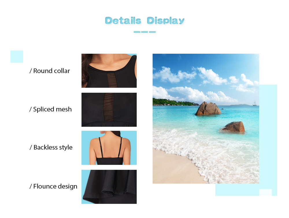 Round Collar Spaghetti Strap Backless Spliced Mesh Padded Flounce Solid Color Women Swimsuit