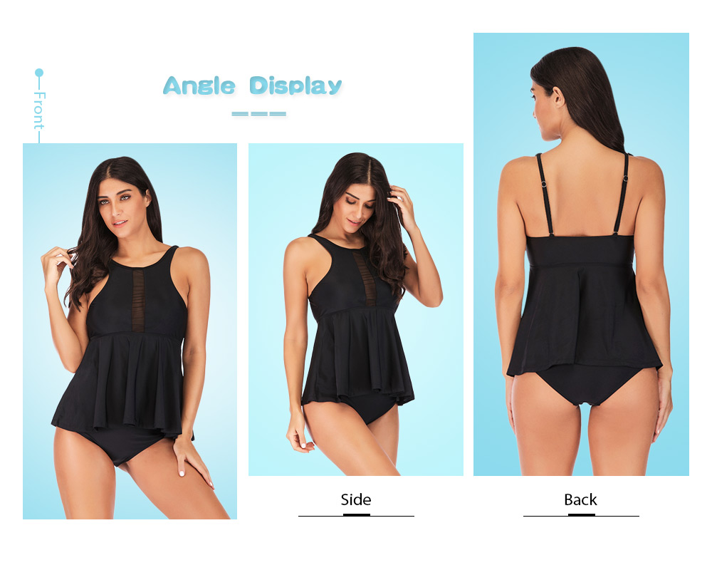 Round Collar Spaghetti Strap Backless Spliced Mesh Padded Flounce Solid Color Women Swimsuit