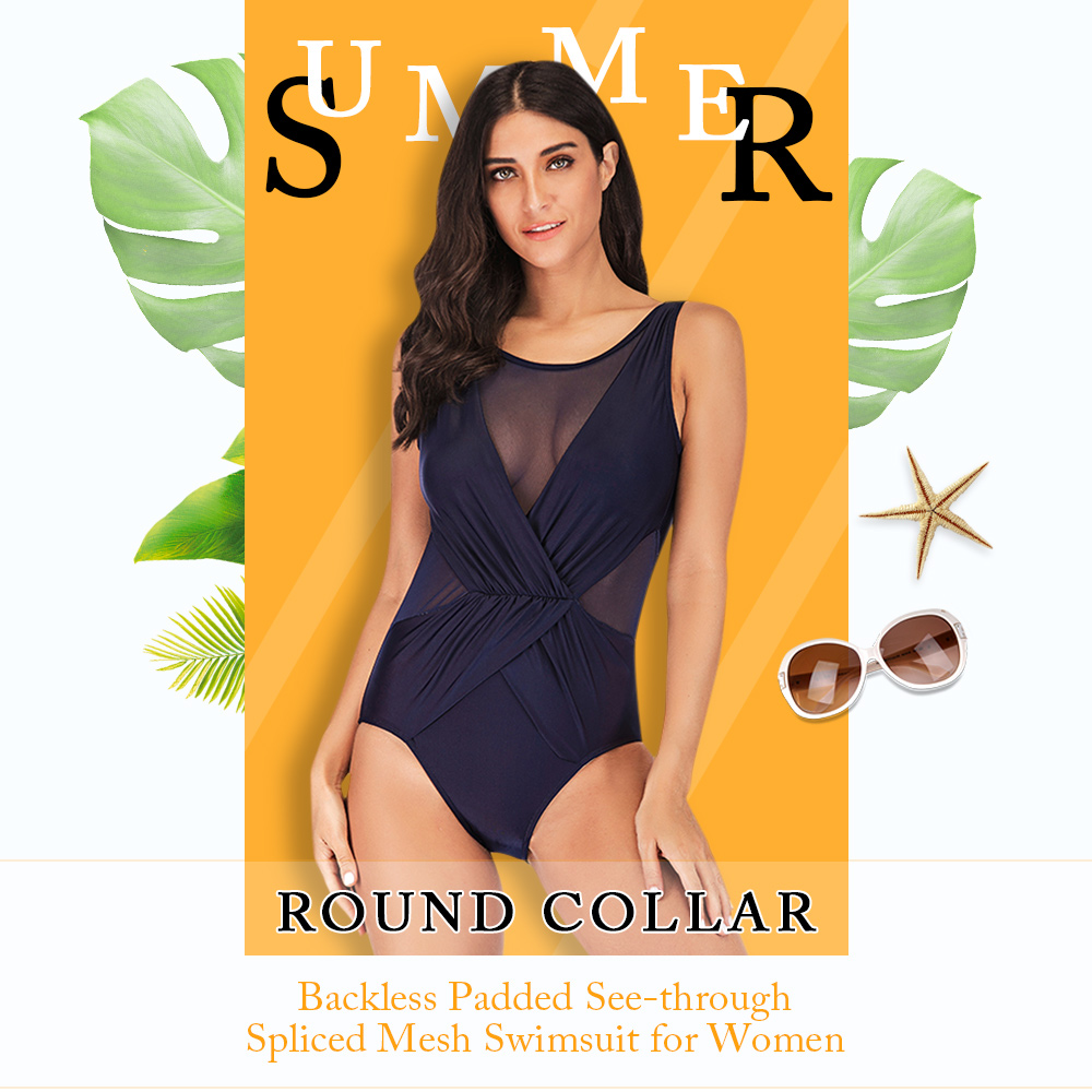Round Collar Backless Padded See-through Spliced Mesh Ruched Women Swimsuit