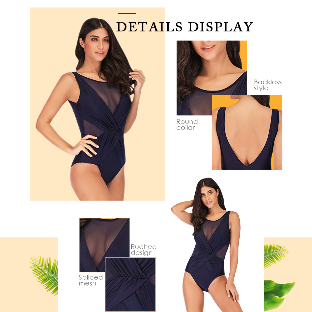 Round Collar Backless Padded See-through Spliced Mesh Ruched Women Swimsuit