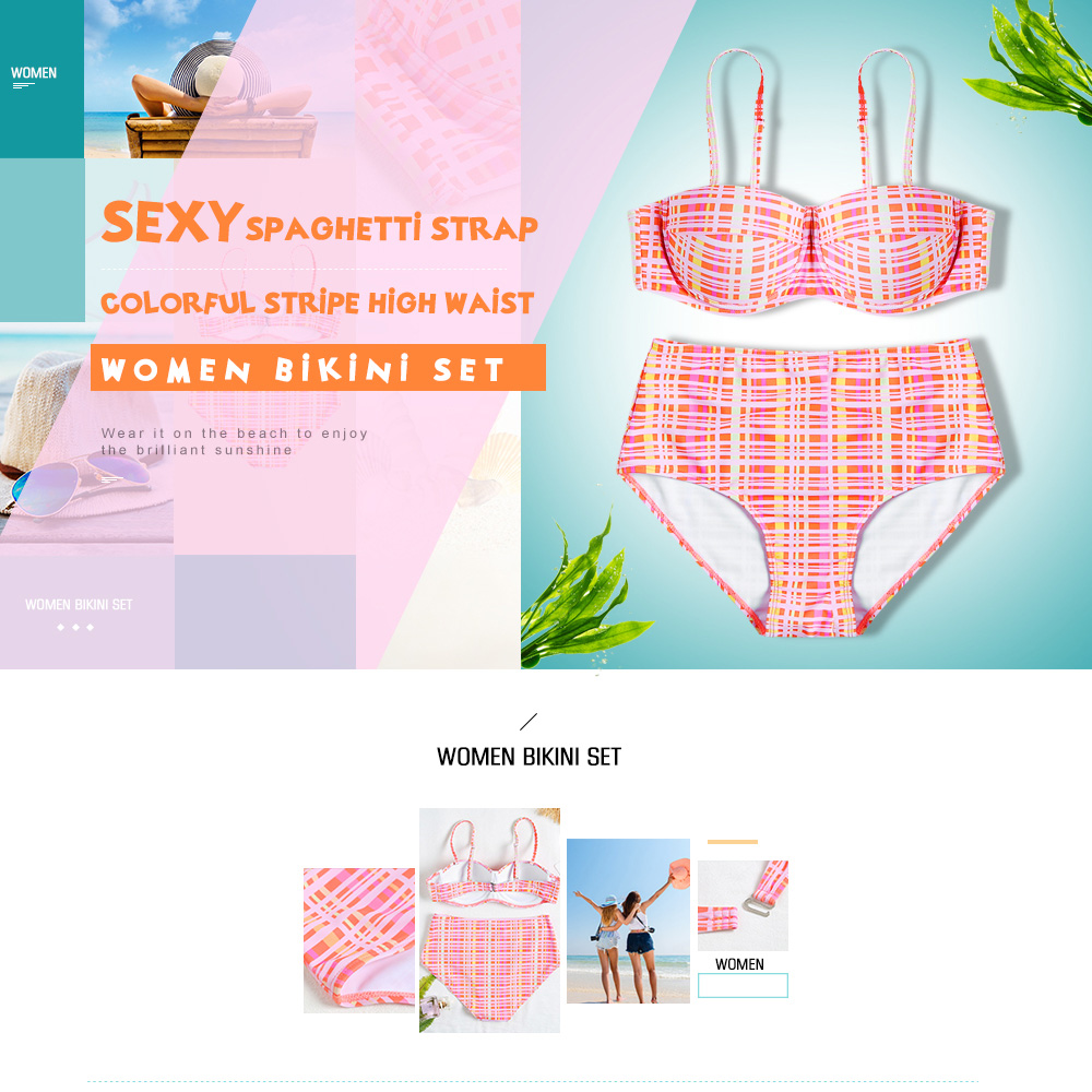 Sexy Spaghetti Strap Colorful Stripe Print Underwire Padded Bandeau High Waist Women Bikini Set