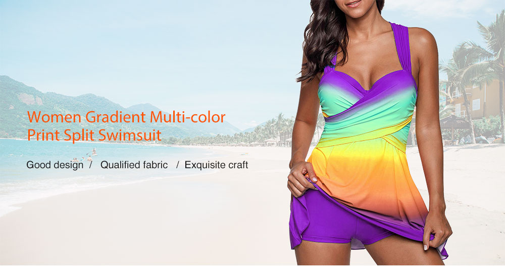 Women Gradient Multicolor Print Split Swimsuit