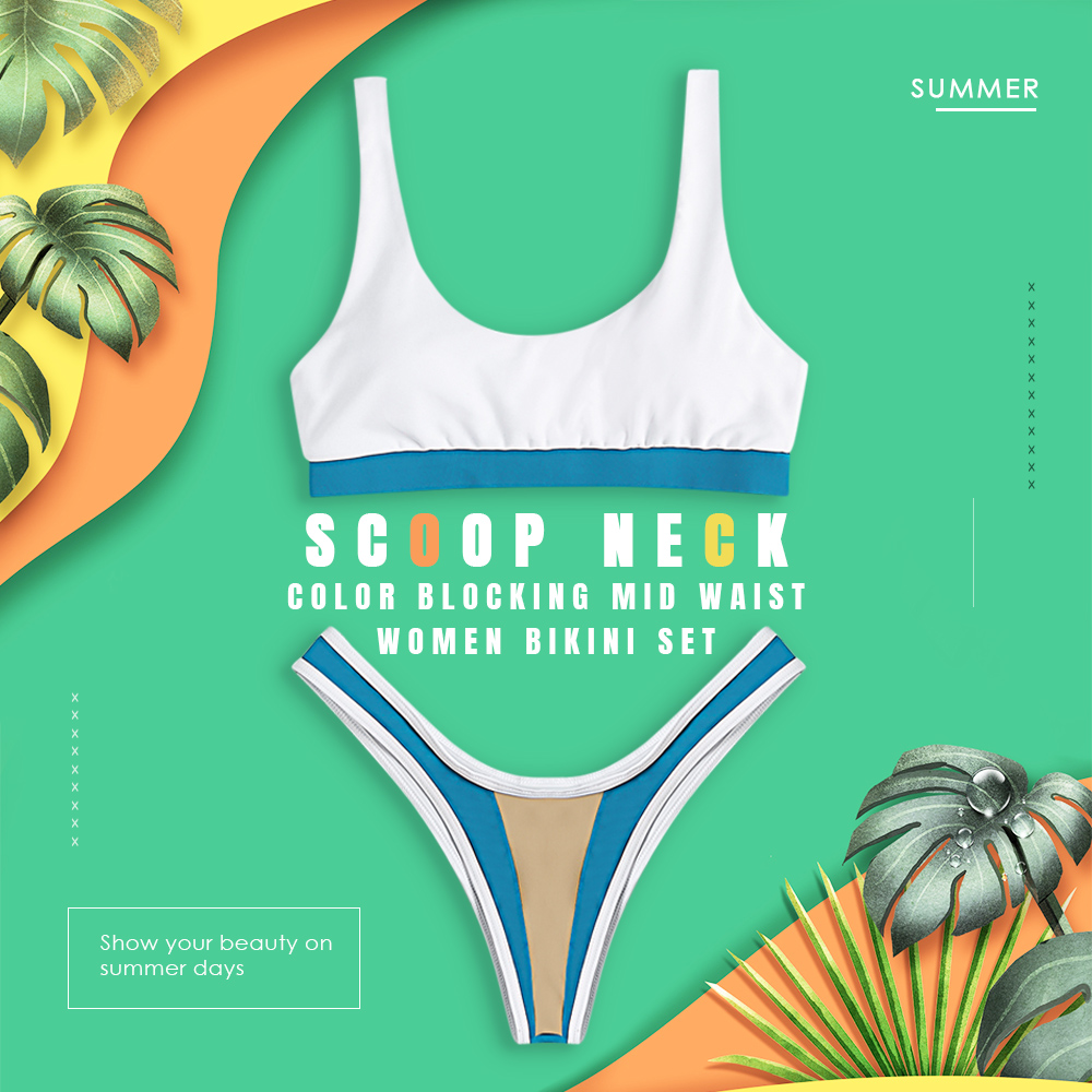 Sexy Scoop Neck Sleeveless Color Blocking Patchwork Padded Elastic Mid Waist Women Bikini Set