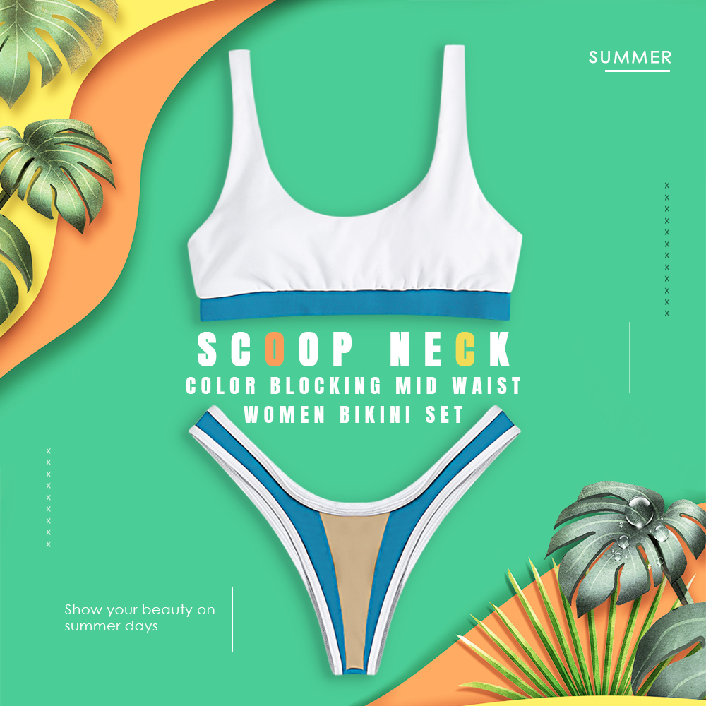 Sexy Scoop Neck Sleeveless Color Blocking Patchwork Padded Elastic Mid Waist Women Bikini Set