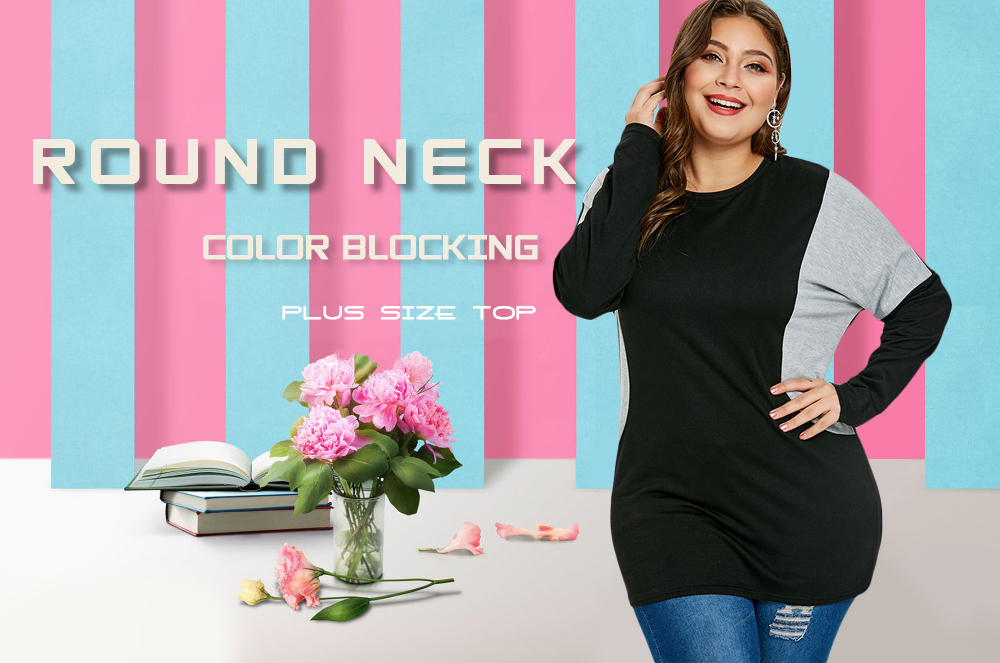 Long Sleeve Two Tone Plus Size Top