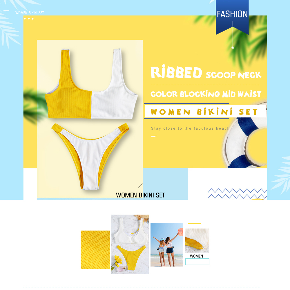 Sexy Scoop Neck Sleeveless Ribbed Color Blocking Padded Mid Waist Women Bikini Set