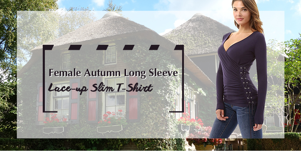 Women Autumn Long Sleeve Lace-up Slim T-shirt