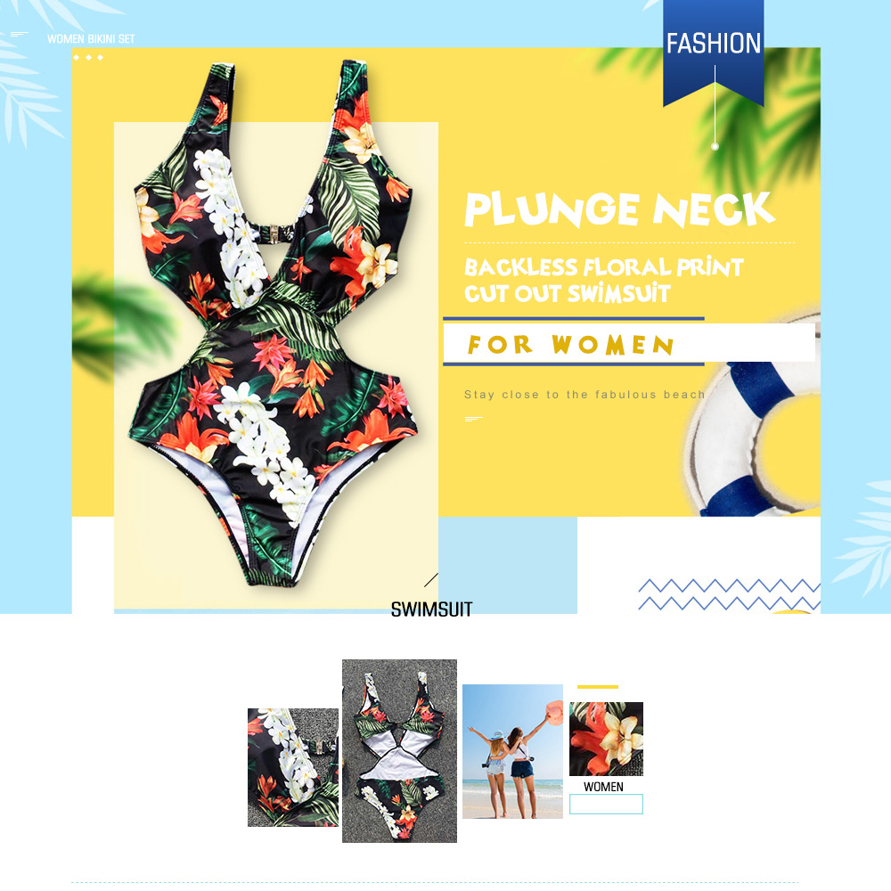 Plunge Neck Backless Padded Leaf Floral Print Cut Out Women Swimsuit