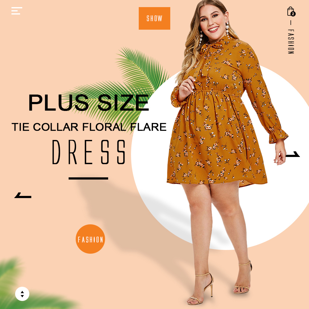 Plus Size Tie Collar Floral Flare Dress