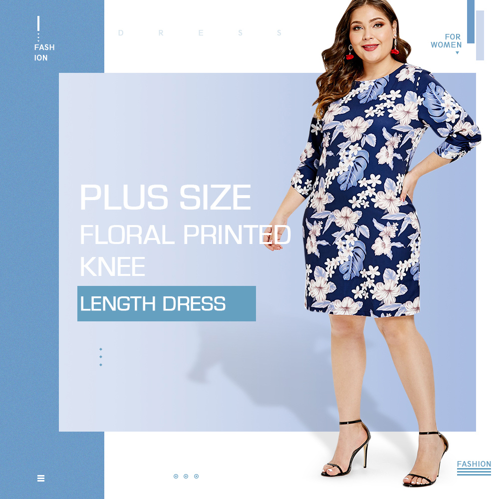 Plus Size Floral Printed Knee Length Dress