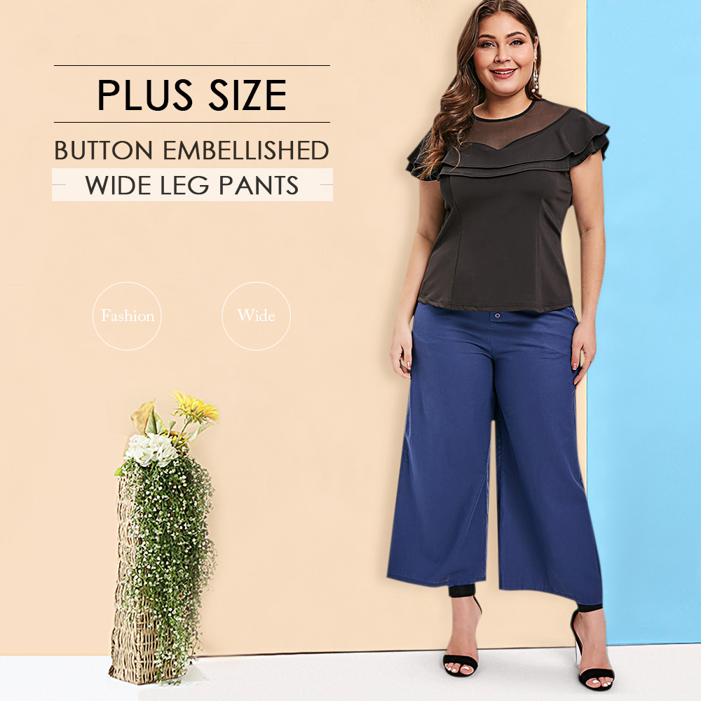 Button Embellished Plus Size Wide Leg Pants