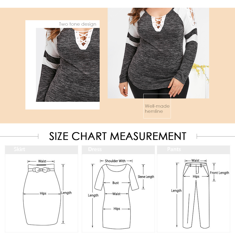 Plus Size Lace Up Raglan Sleeve Two Tone T-shirt
