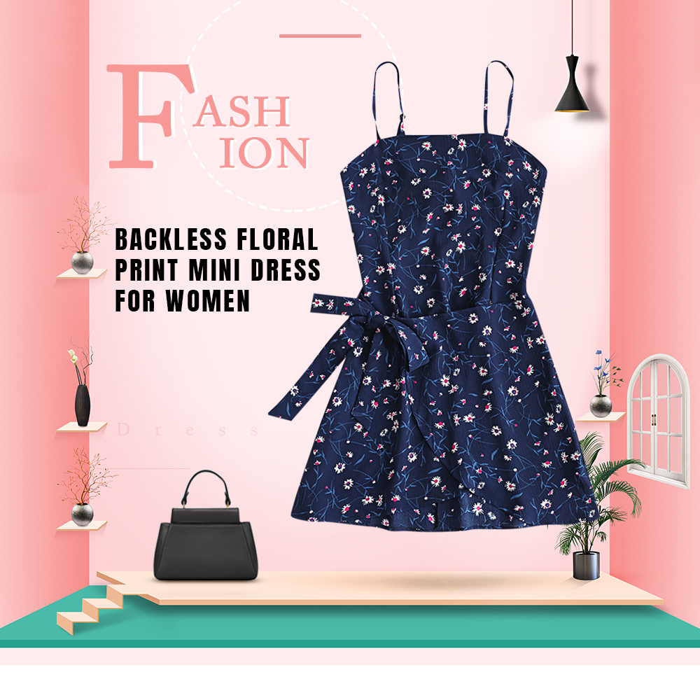 Spaghetti Strap Backless Floral Print Bowknot Strap Women Mini Dress