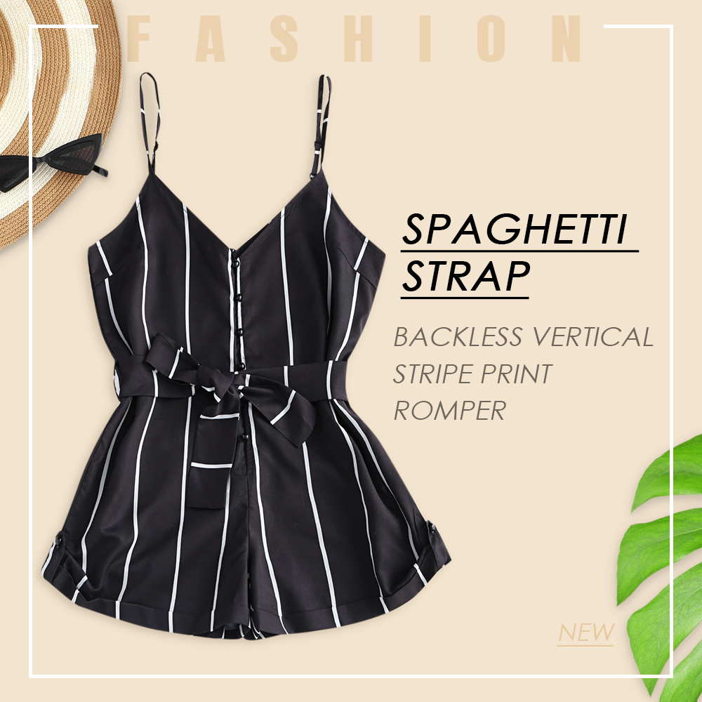 Spaghetti Strap Backless Vertical Stripe Print Belted Women Romper