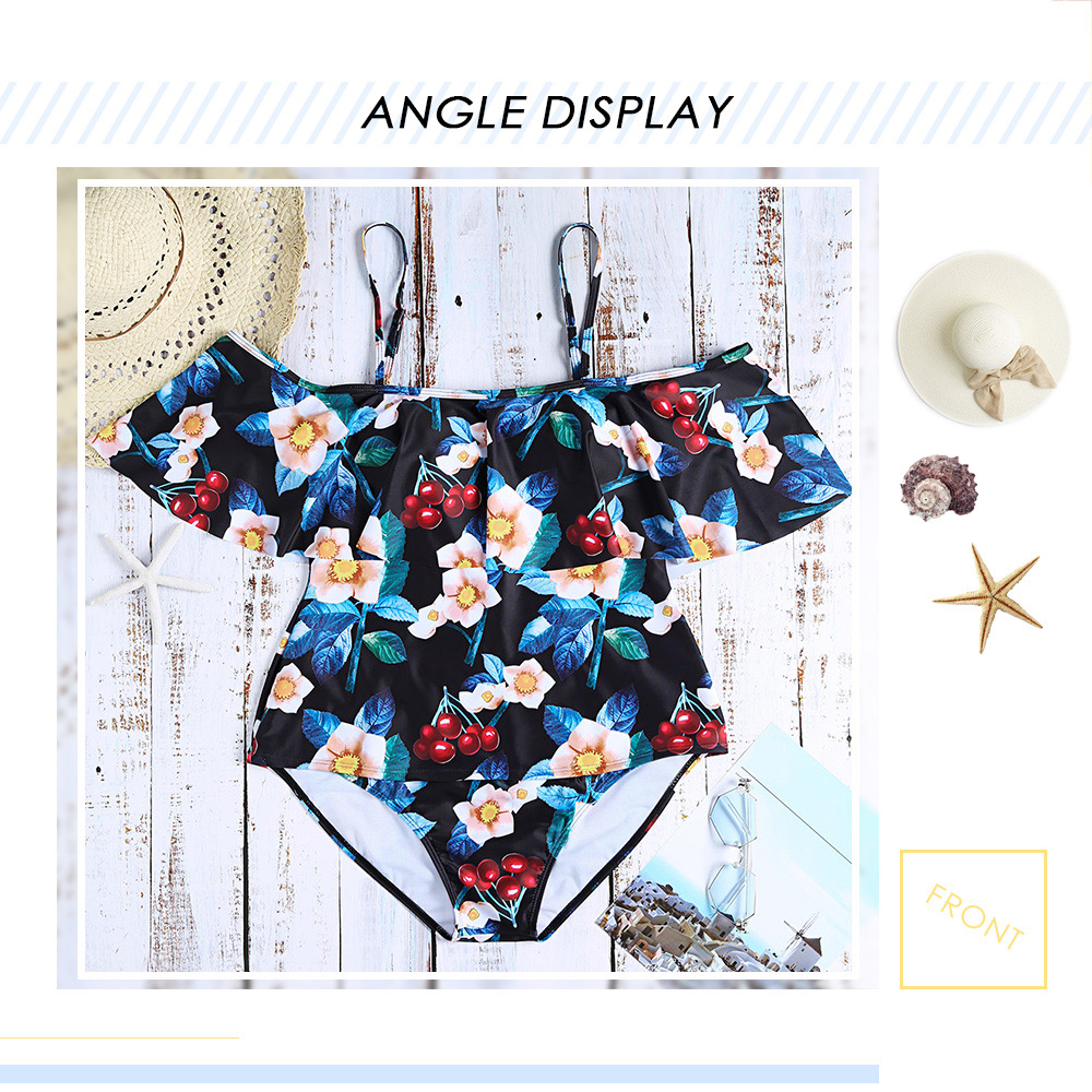 Spaghetti Strap Backless Padded Flounce Floral Print Plus Size Two-piece Swimsuit Women Tankini Set
