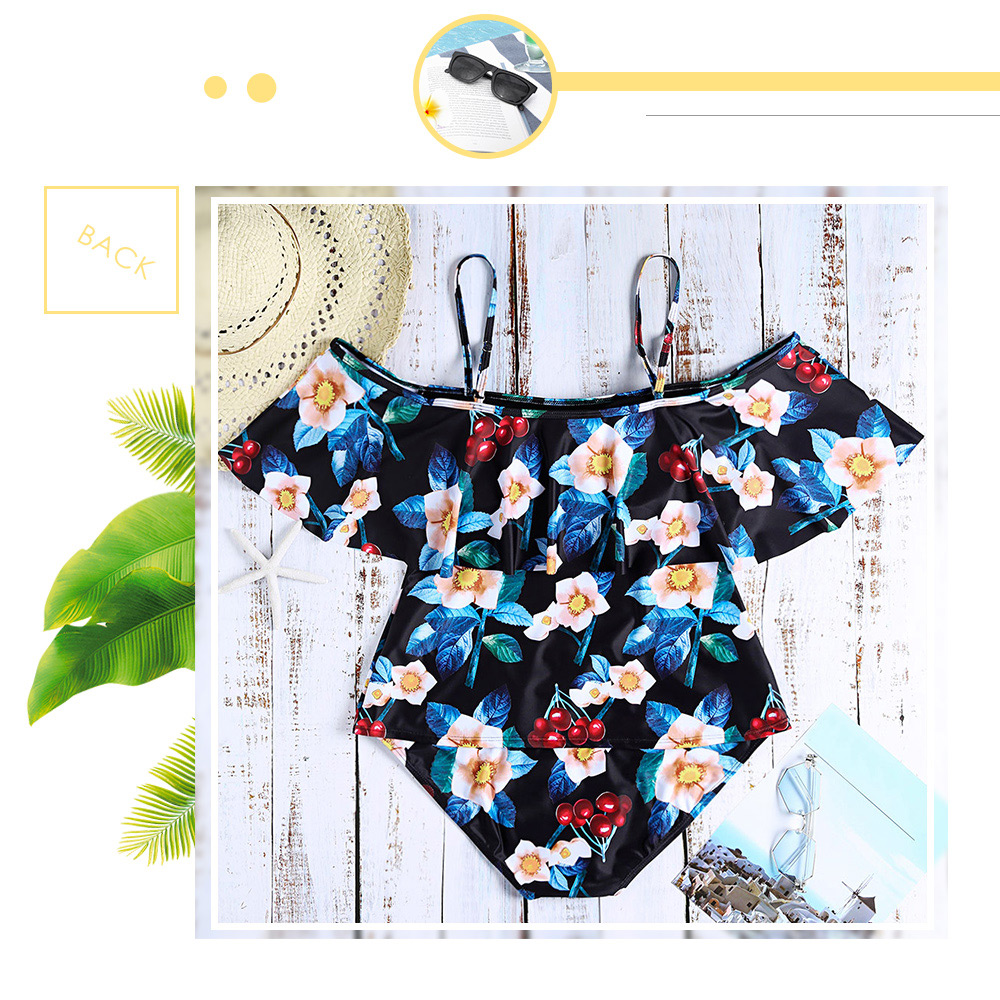Spaghetti Strap Backless Padded Flounce Floral Print Plus Size Two-piece Swimsuit Women Tankini Set