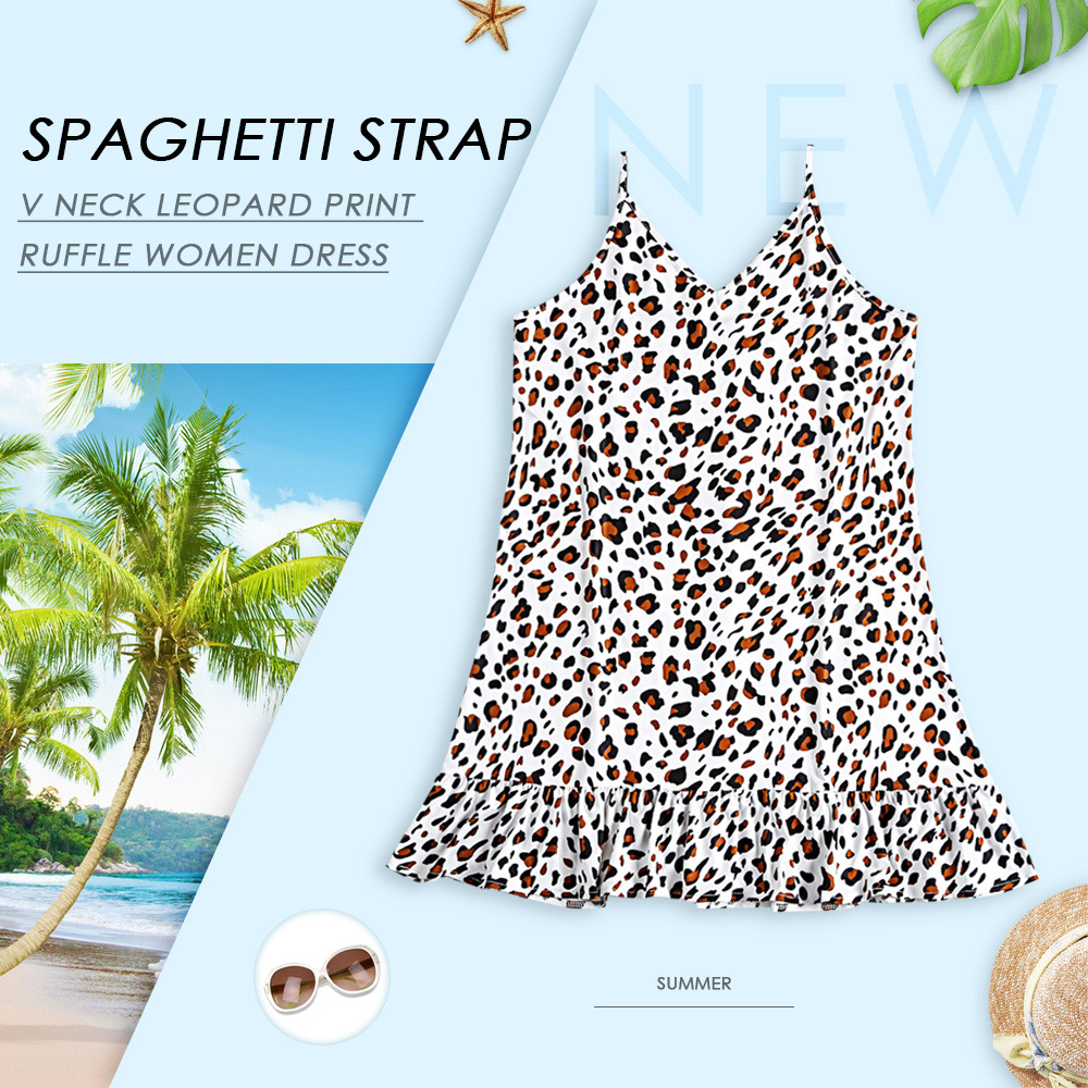Adjustable Spaghetti Strap V Neck Leopard Print Ruffle Women Mini Dress