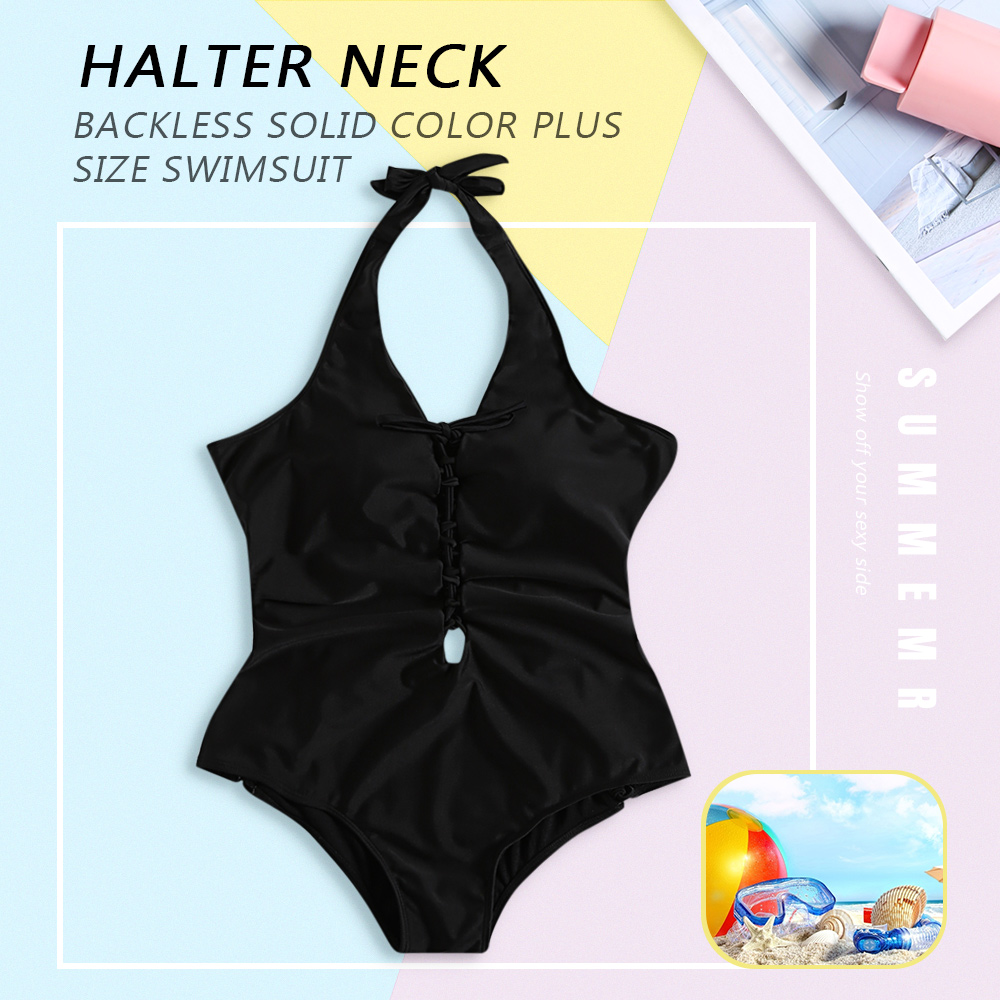 Halter Neck Backless Padded Lacing-up Strap Solid Color Plus Size Women Swimsuit