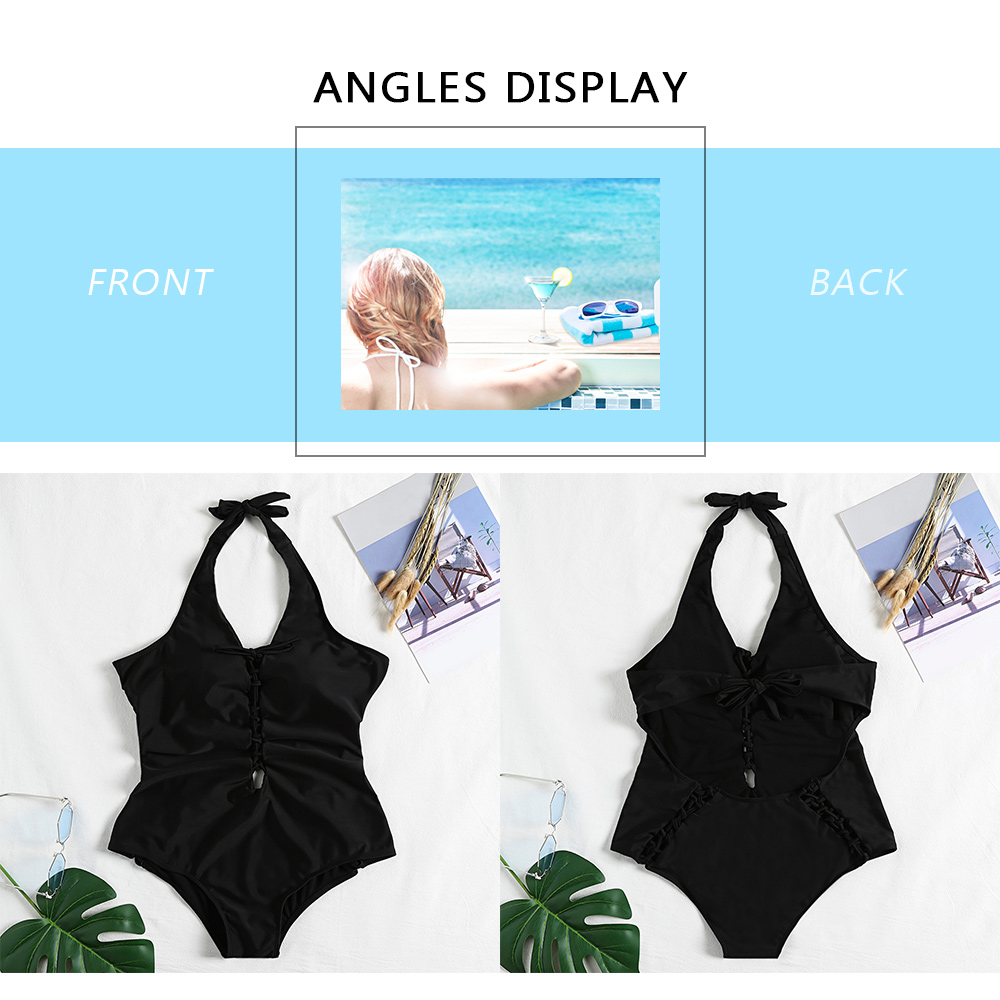 Halter Neck Backless Padded Lacing-up Strap Solid Color Plus Size Women Swimsuit