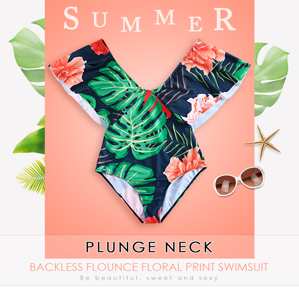 Plunge Neck Backless Padded Flounce Leaf Floral Print Women Swimsuit