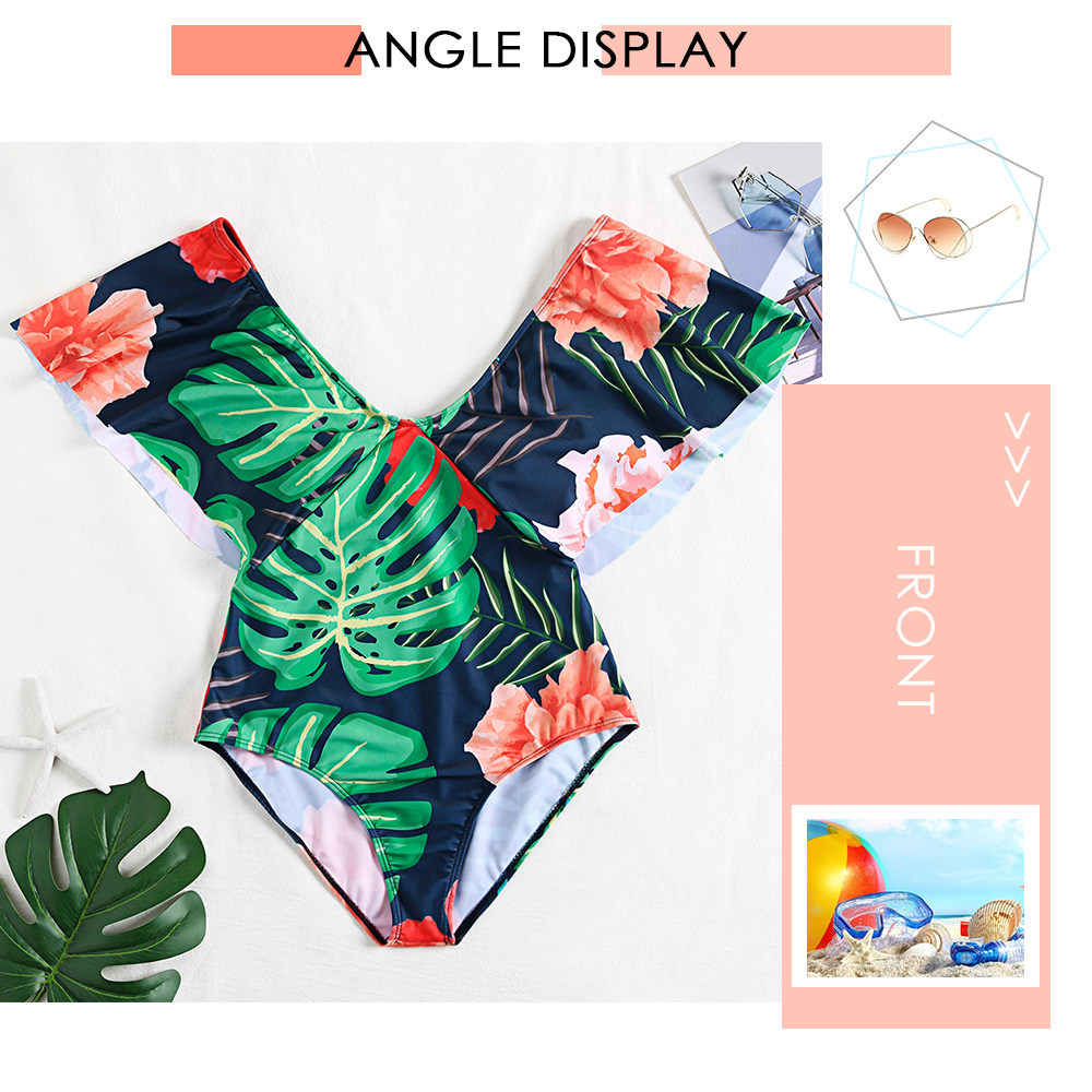 Plunge Neck Backless Padded Flounce Leaf Floral Print Women Swimsuit