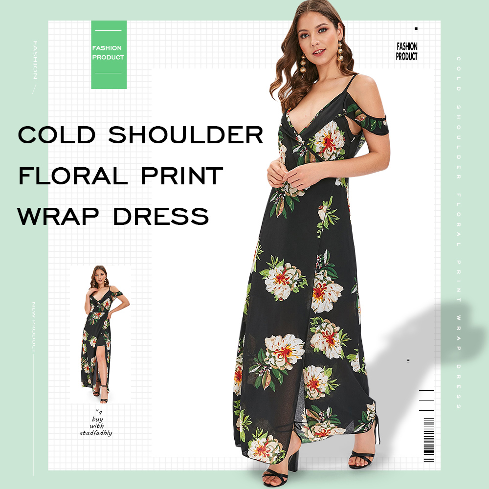 Cold Shoulder Floral Print Wrap Dress