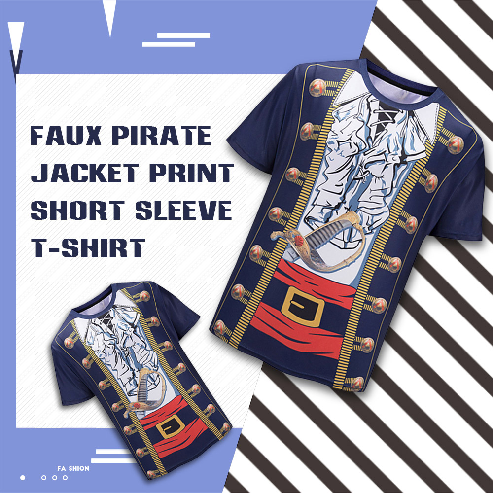 Faux Pirate Jacket Print Short Sleeve Funny T-shirt