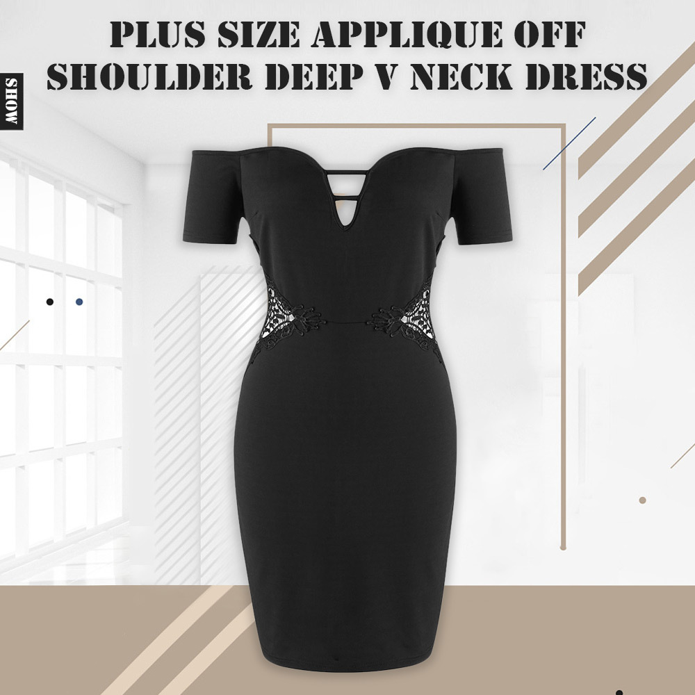 Plus Size Applique Waist Off Shoulder V Neck Dress