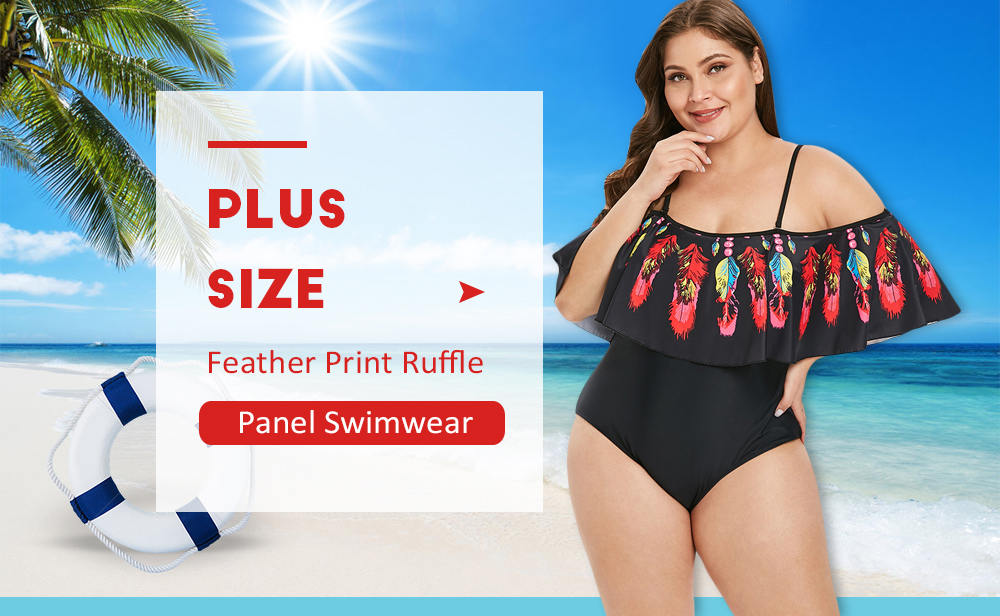 Plus Size Feather Print Ruffle Panel Swimwear