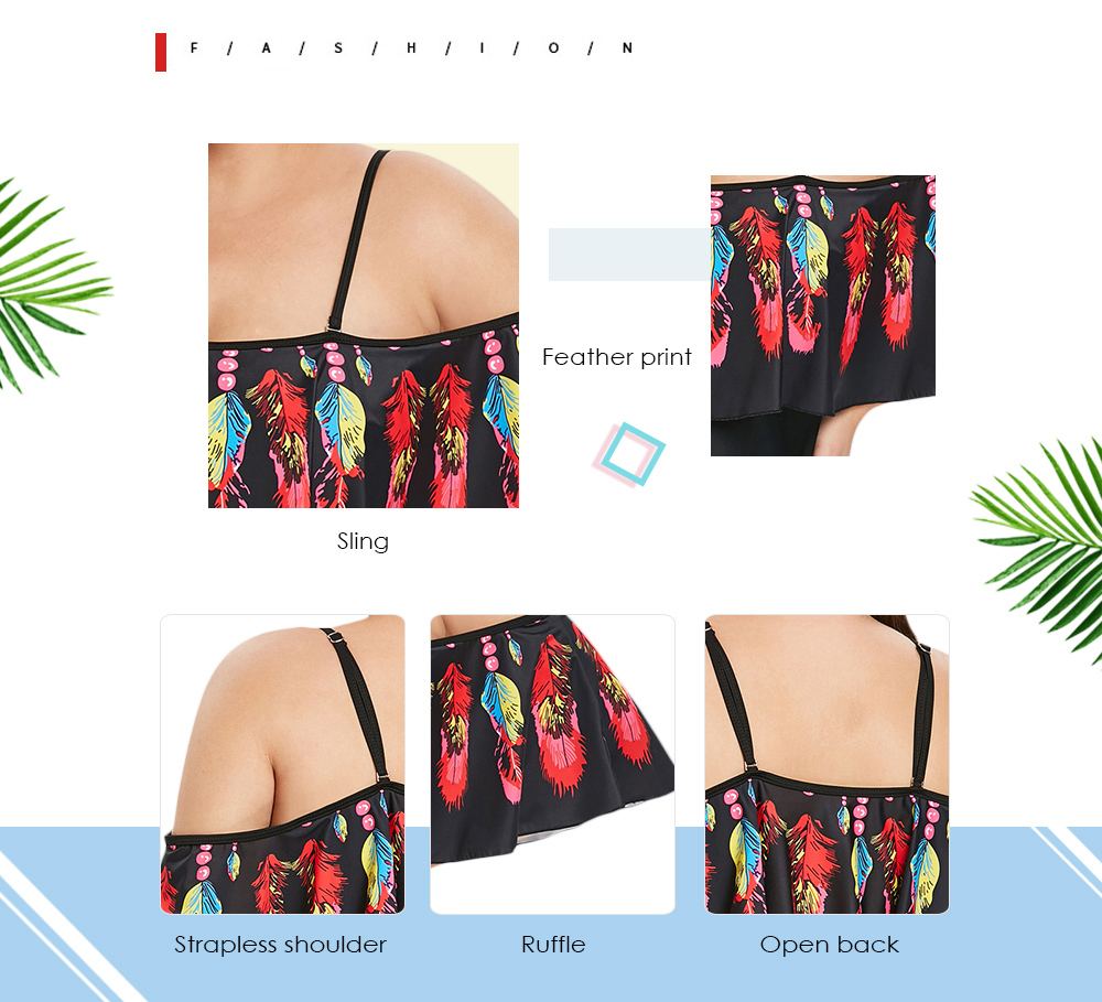 Plus Size Feather Print Ruffle Panel Swimwear