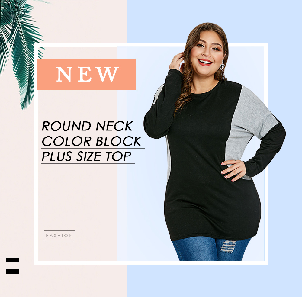 Long Sleeve Two Tone Plus Size Top