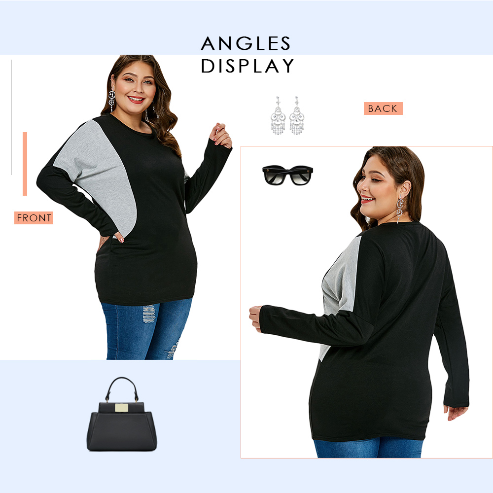 Long Sleeve Two Tone Plus Size Top