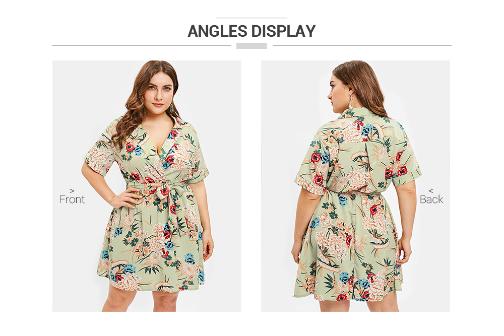 Lapel Neck Plus Size Floral Print A Line Dress