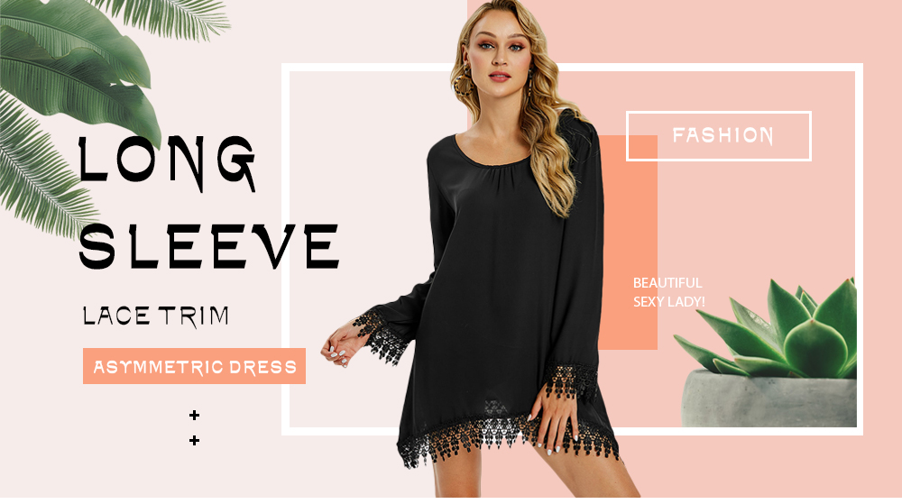 Long Sleeve Lace Trim Asymmetric Dress