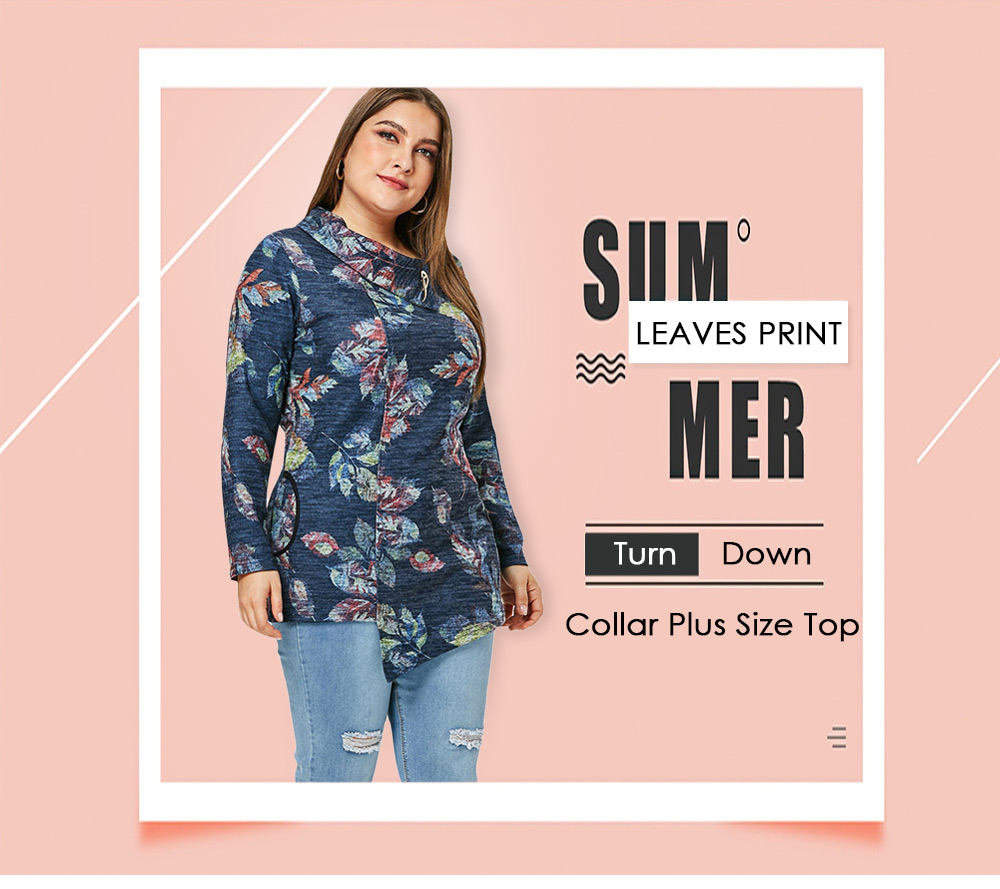 Plus Size Leaves Print Long Sleeve Top
