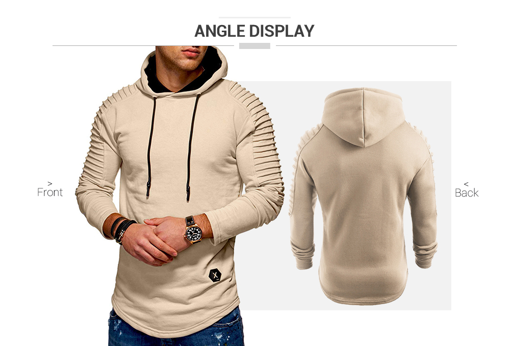 Solid Pleated Sleeve Patch Detail Long Fleece Hoodie