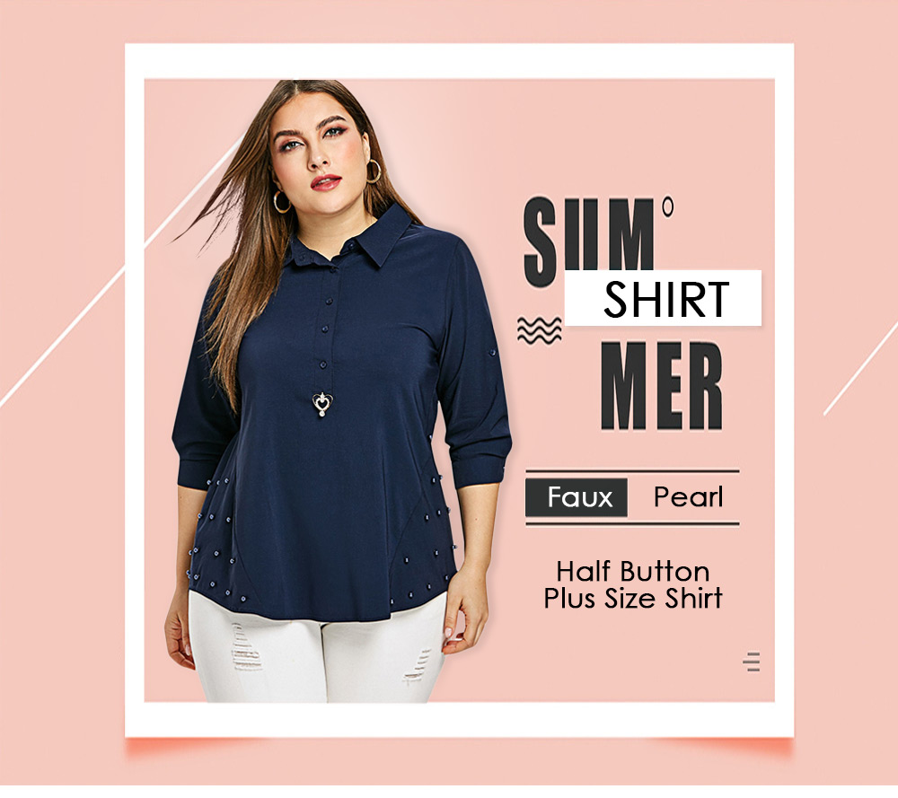 Faux Pearl Half Button Plus Size Shirt