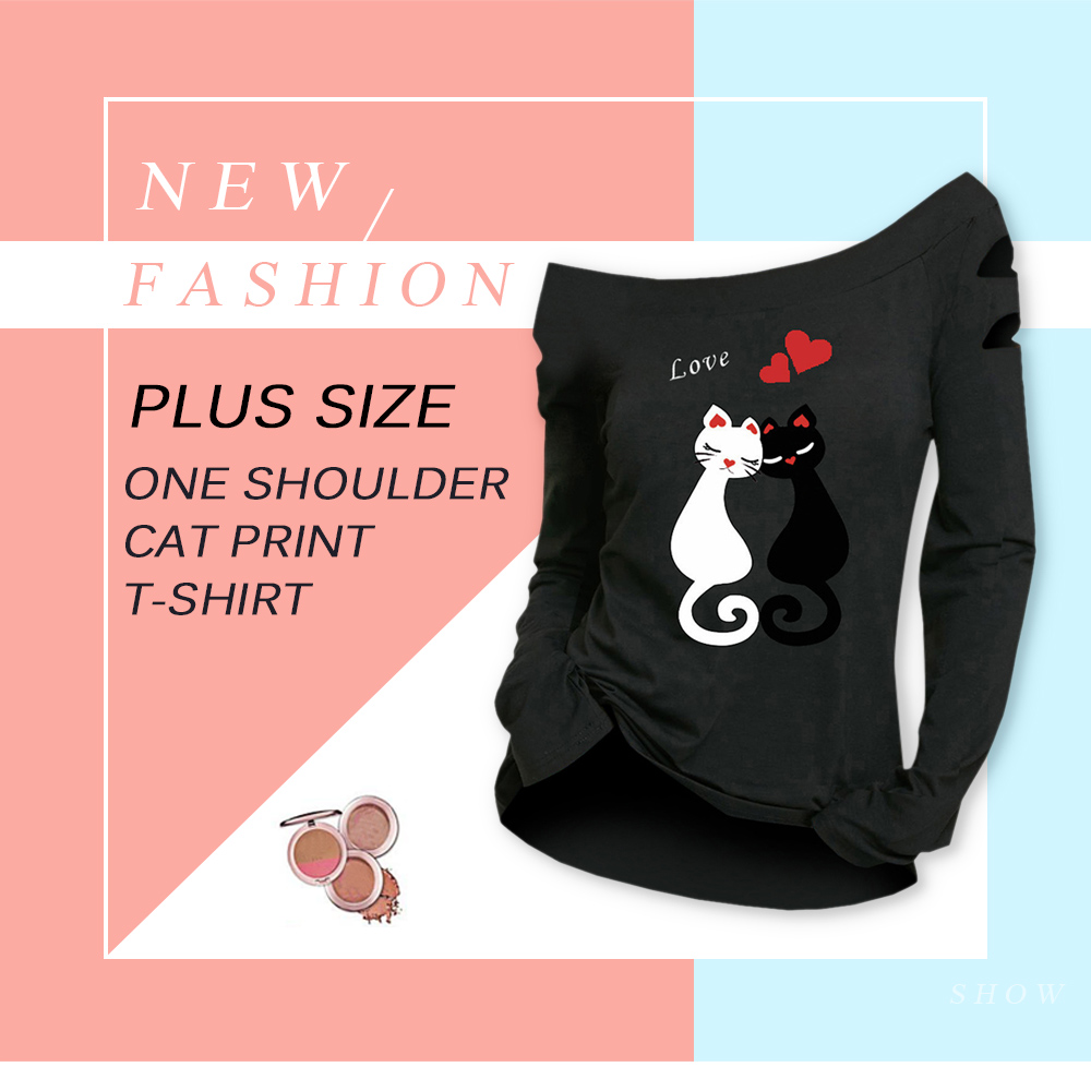 Plus Size One Shoulder Cat Print T Shirt