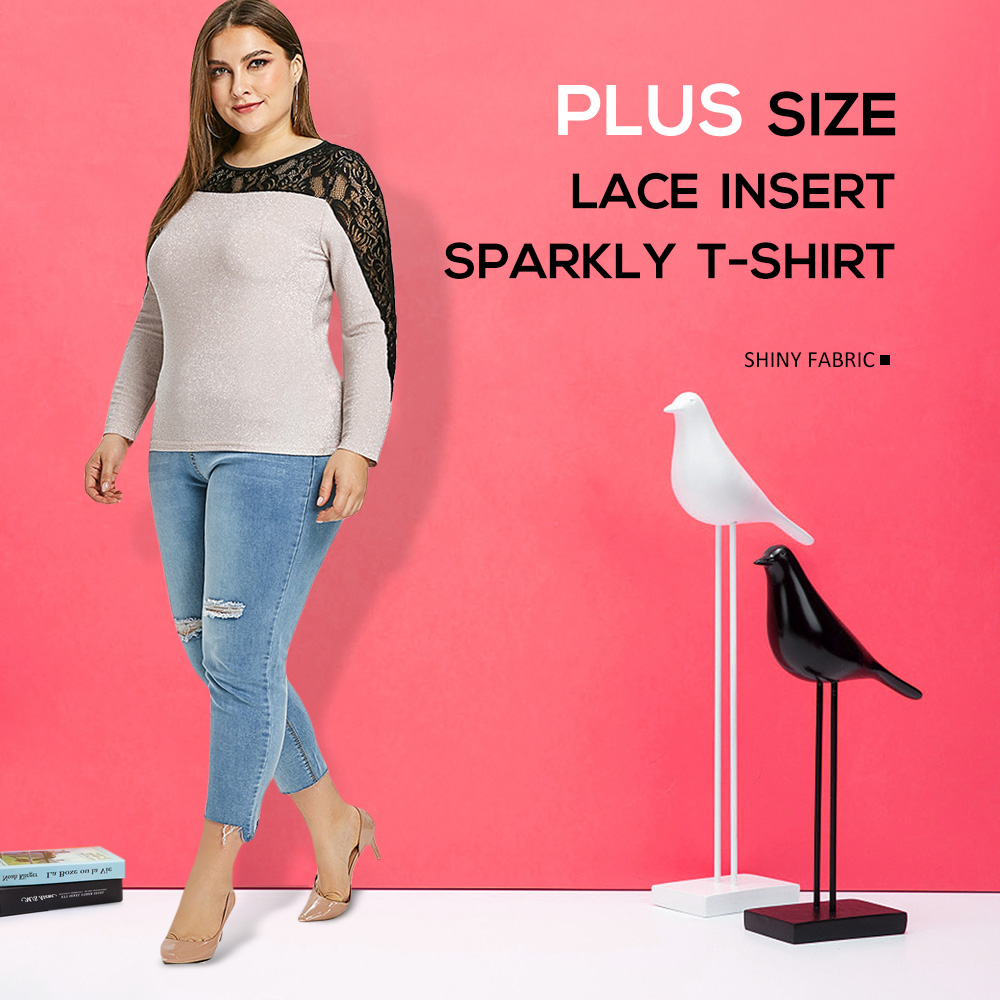 Plus Size Lace Insert Sparkly T-shirt