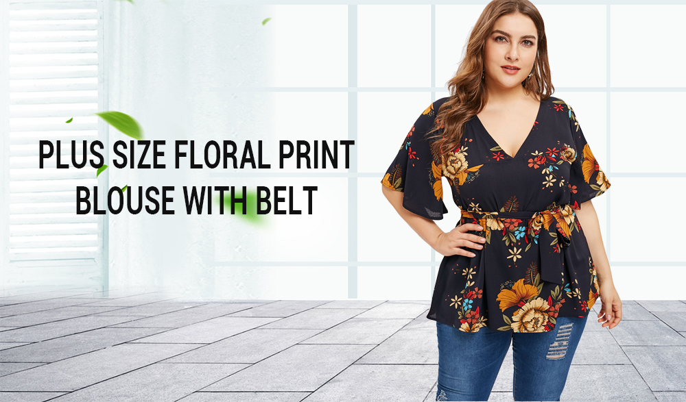 Floral Print Plus Size Belted Plunge Blouse