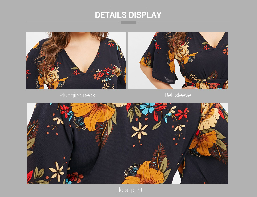 Floral Print Plus Size Belted Plunge Blouse