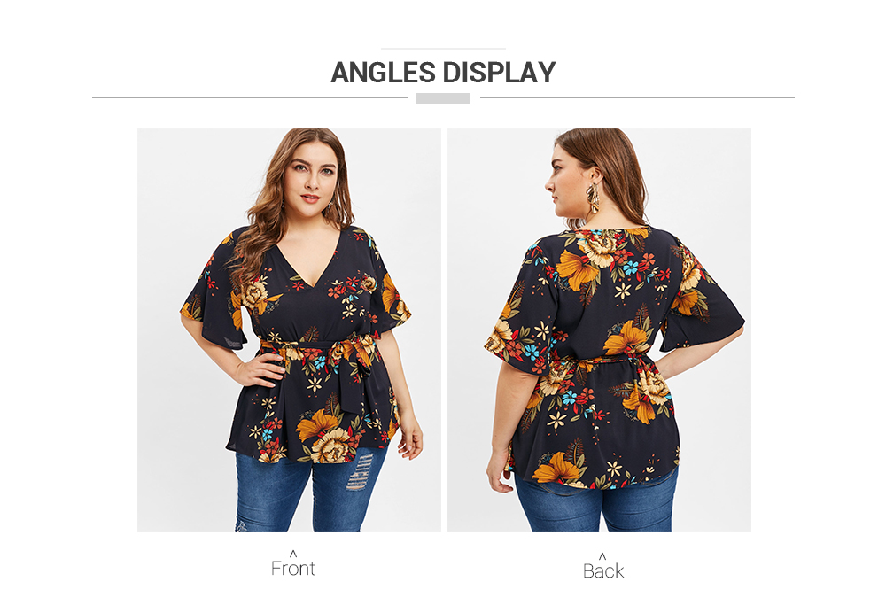 Floral Print Plus Size Belted Plunge Blouse