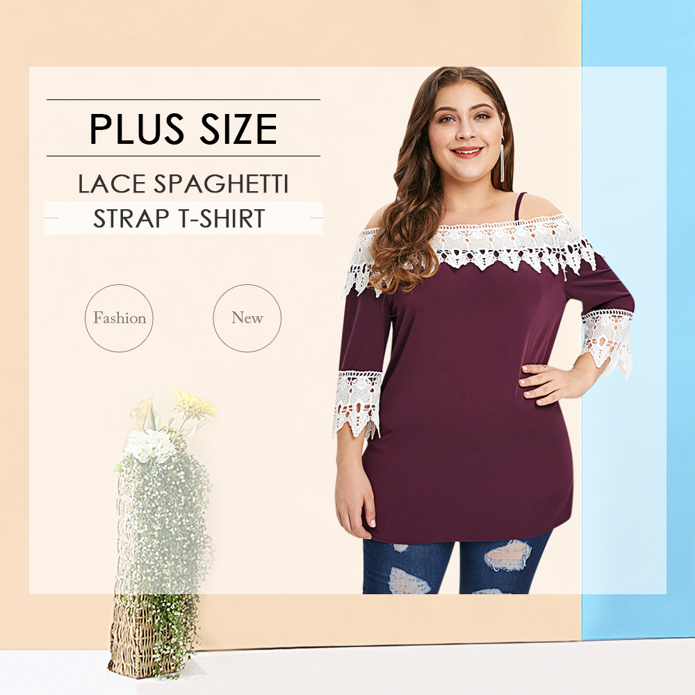 Plus Size Lace Panel Spaghetti Strap T-shirt
